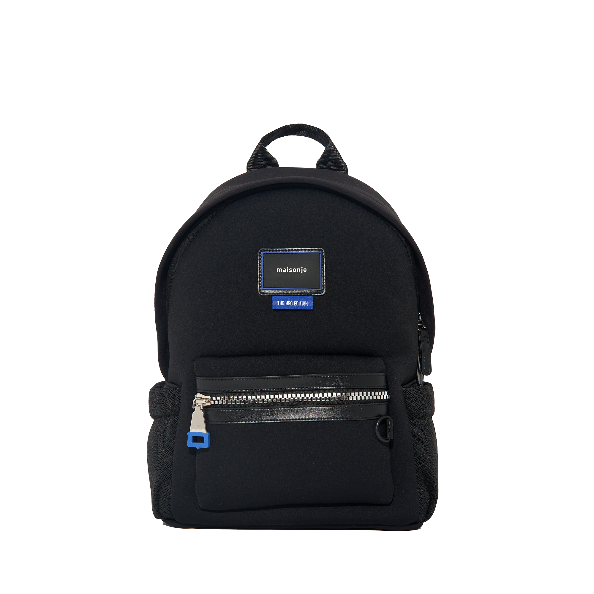 Black backpack with a visible brand label on a white background